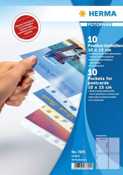 Herma postcard sleeve for 4 postcards ideal for ring albums, 10 pieces, 7695