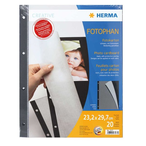 Herma Fotokarton 20 Blatt schwarz mit Pergamin 23x29,7 cm, 4-fach gelocht